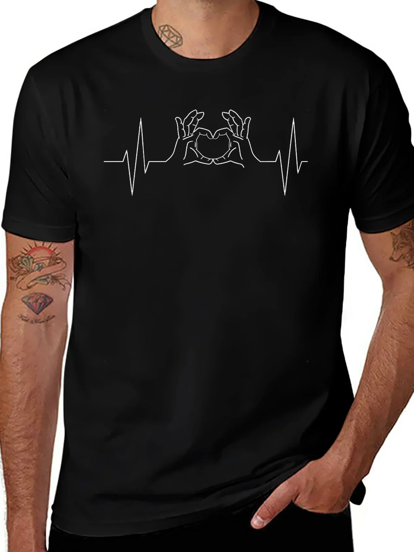 Heartbeat Hand Heart T-Shirt - Black