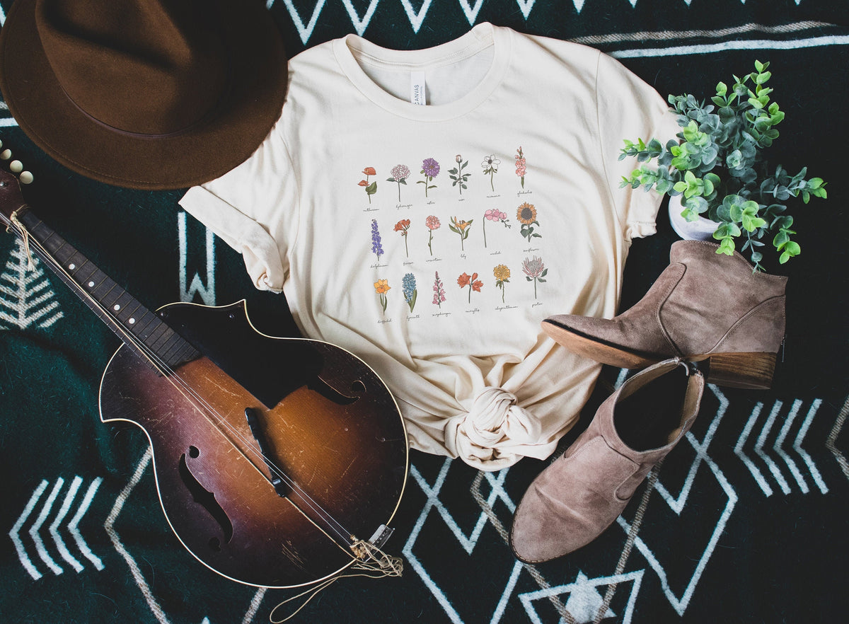 Wild Flower Shirt | Womens WildFlowers Graphic Tshirt | Trendy Hand drawn flower Boho Botanical Chart T-shirt | Botany Floral Gift