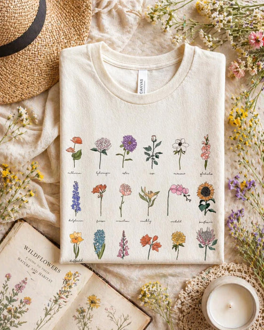Wild Flower Shirt | Womens WildFlowers Graphic Tshirt | Trendy Hand drawn flower Boho Botanical Chart T-shirt | Botany Floral Gift
